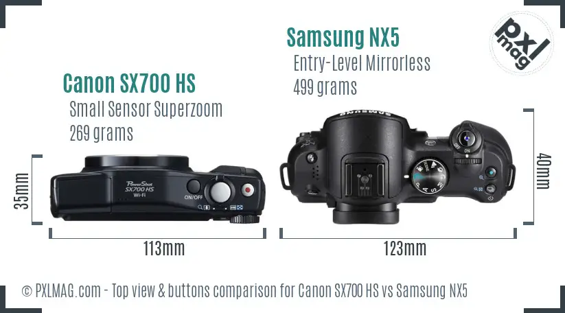Canon SX700 HS vs Samsung NX5 top view buttons comparison Canon SX700 HS vs Samsung NX5 top view buttons comparison