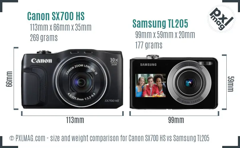 Canon SX700 HS vs Samsung TL205 size comparison