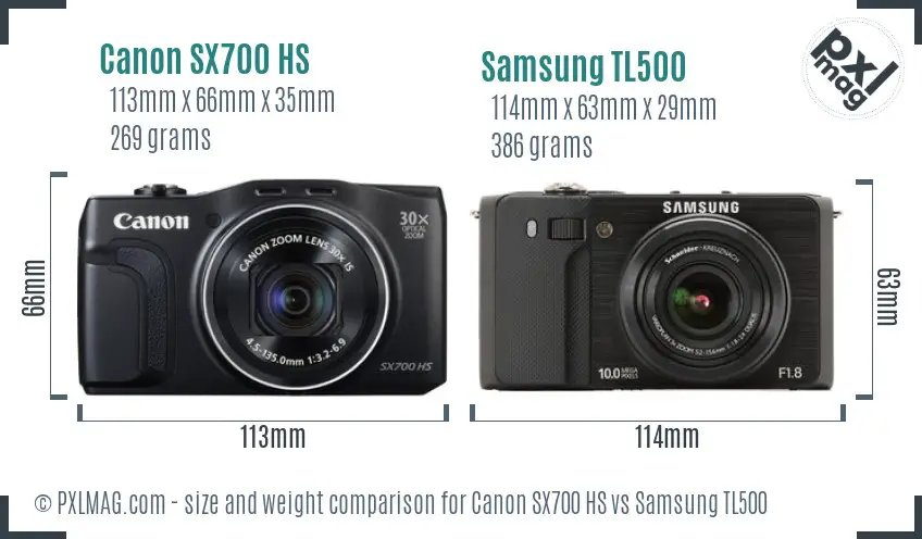 Canon SX700 HS vs Samsung TL500 size comparison