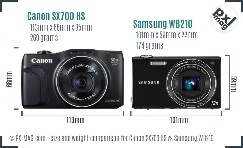 Canon SX700 HS vs Samsung WB210 size comparison