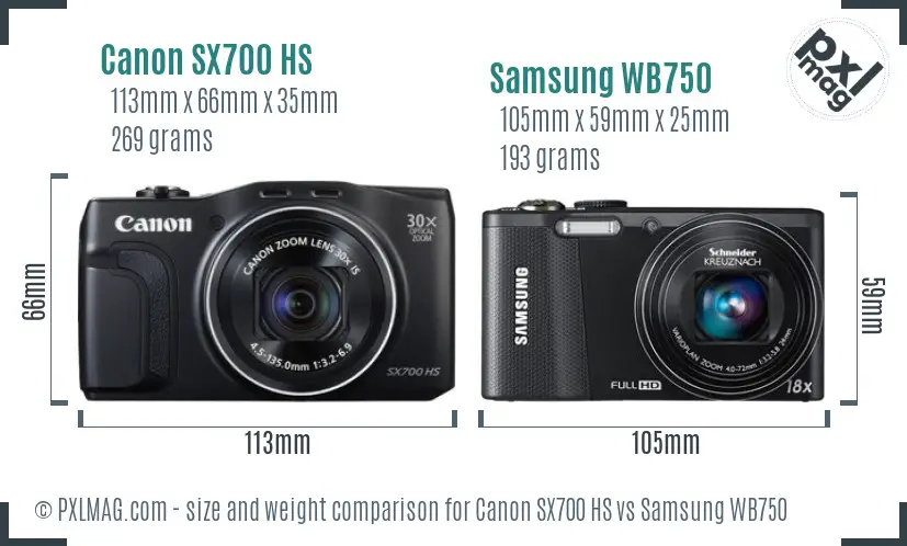 Canon SX700 HS vs Samsung WB750 size comparison