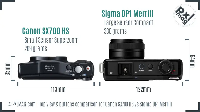Canon SX700 HS vs Sigma DP1 Merrill top view buttons comparison Canon SX700 HS vs Sigma DP1 Merrill top view buttons comparison