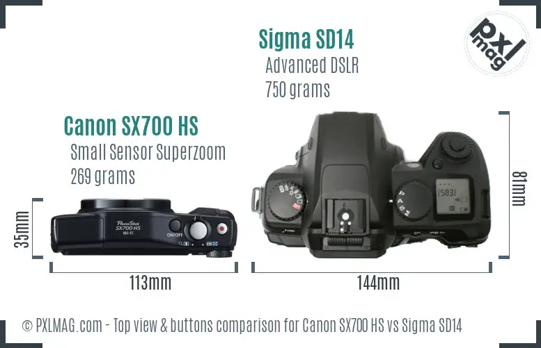 Canon SX700 HS vs Sigma SD14 top view buttons comparison