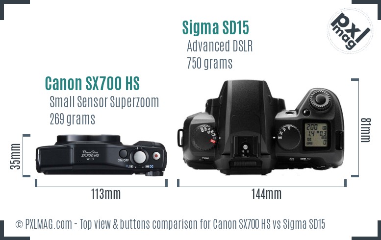 Canon SX700 HS vs Sigma SD15 top view buttons comparison