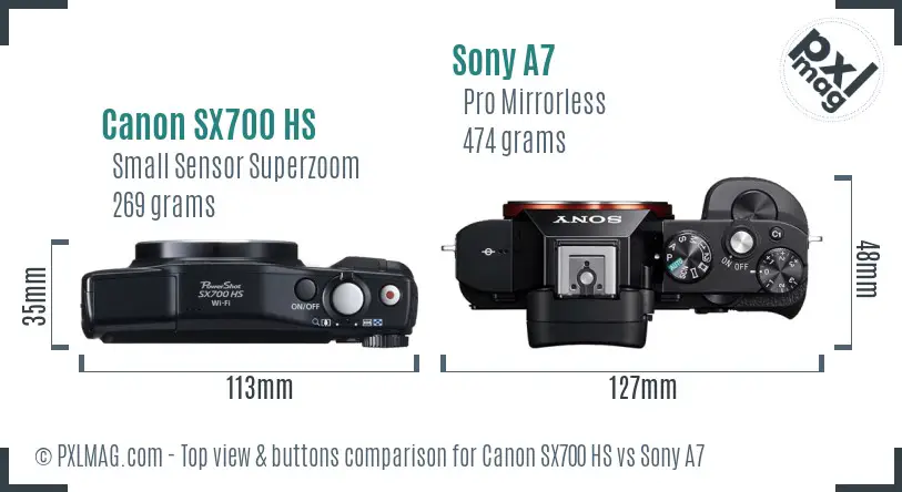 Canon SX700 HS vs Sony A7 top view buttons comparison Canon SX700 HS vs Sony A7 top view buttons comparison