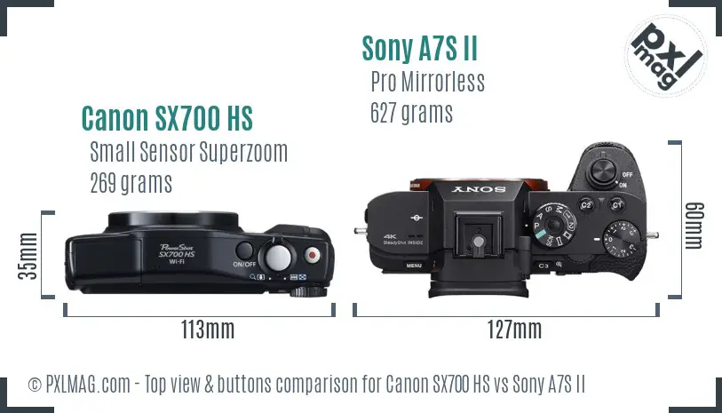 Canon SX700 HS vs Sony A7S II top view buttons comparison