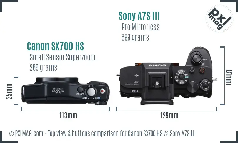 Canon SX700 HS vs Sony A7S III top view buttons comparison