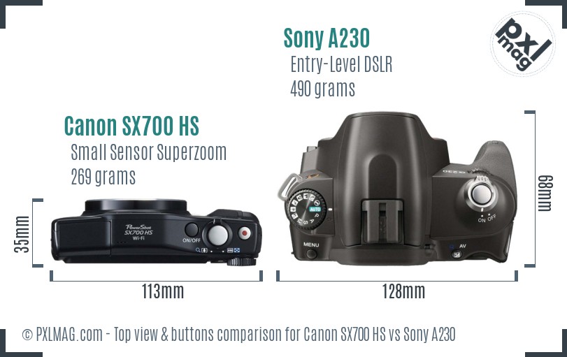 Canon SX700 HS vs Sony A230 top view buttons comparison