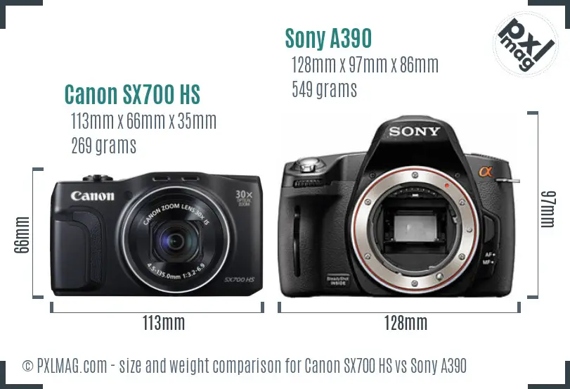 Canon SX700 HS vs Sony A390 size comparison