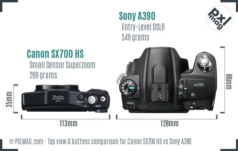 Canon SX700 HS vs Sony A390 top view buttons comparison