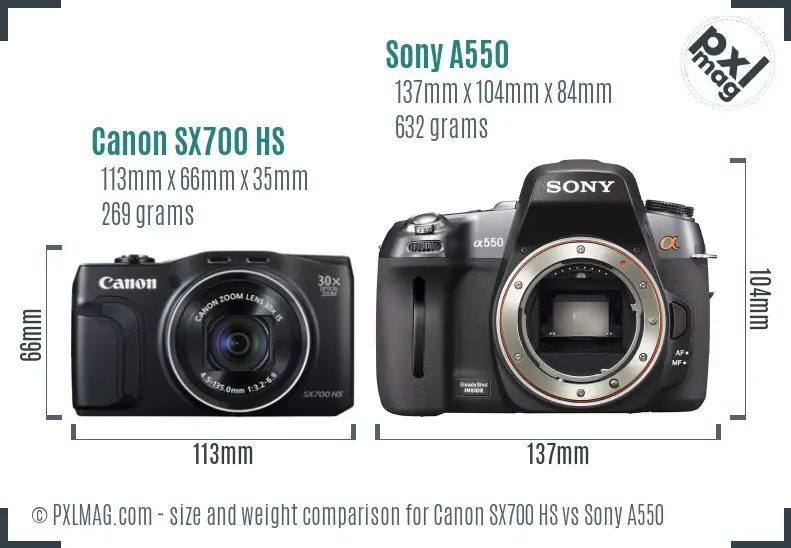 Canon SX700 HS vs Sony A550 size comparison