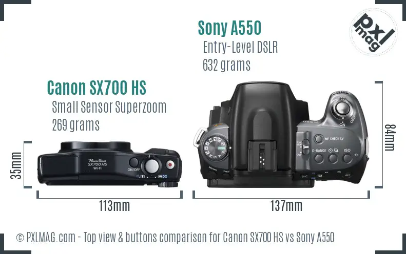 Canon SX700 HS vs Sony A550 top view buttons comparison