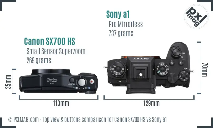 Canon SX700 HS vs Sony a1 top view buttons comparison Canon SX700 HS vs Sony a1 top view buttons comparison