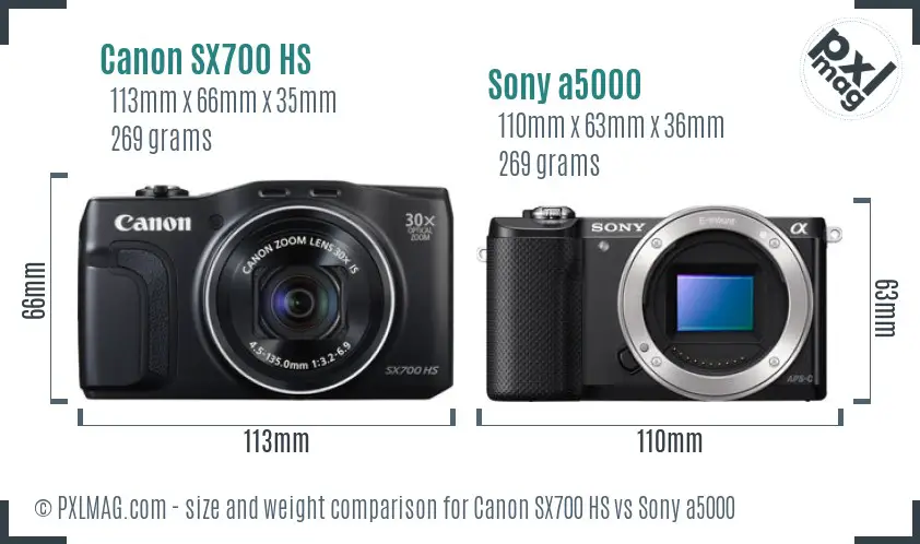 Canon SX700 HS vs Sony a5000 size comparison