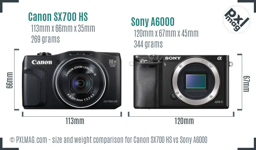 Canon SX700 HS vs Sony A6000 size comparison