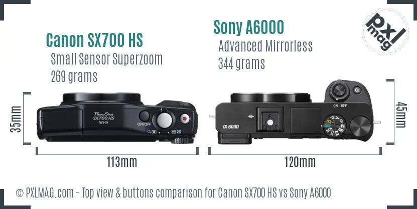 Canon SX700 HS vs Sony A6000 top view buttons comparison
