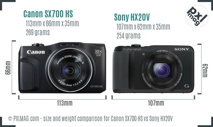 Canon SX700 HS vs Sony HX20V size comparison