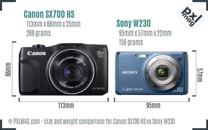 Canon SX700 HS vs Sony W230 size comparison