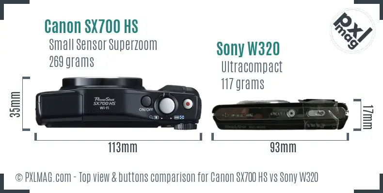 Canon SX700 HS vs Sony W320 top view buttons comparison Canon SX700 HS vs Sony W320 top view buttons comparison