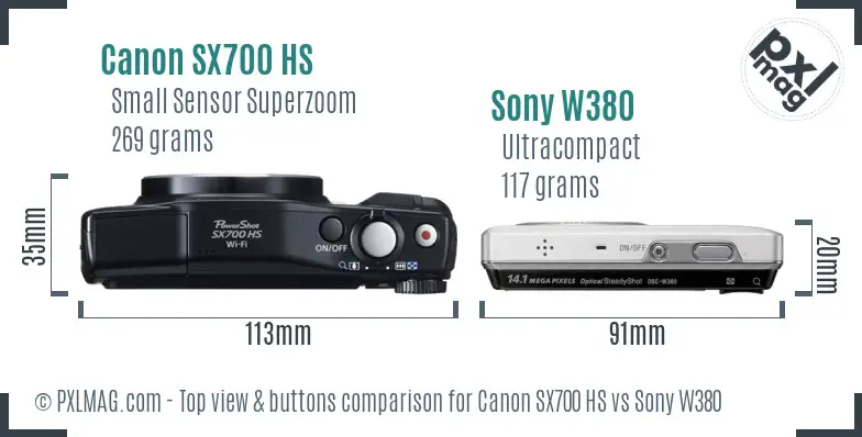 Canon SX700 HS vs Sony W380 top view buttons comparison