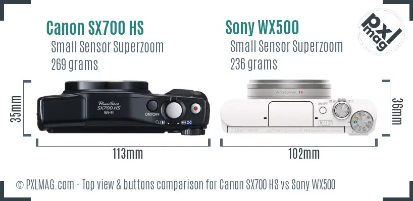 Canon SX700 HS vs Sony WX500 top view buttons comparison