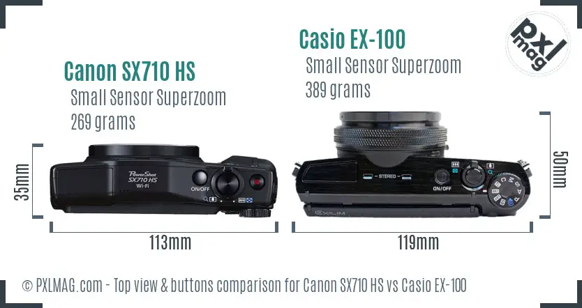 Canon SX710 HS vs Casio EX-100 top view buttons comparison