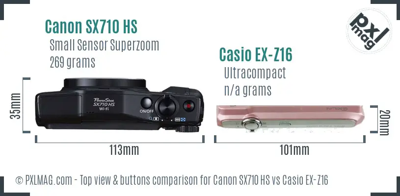 Canon SX710 HS vs Casio EX-Z16 top view buttons comparison Canon SX710 HS vs Casio EX-Z16 top view buttons comparison