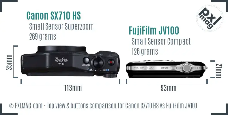 Canon SX710 HS vs FujiFilm JV100 top view buttons comparison Canon SX710 HS vs FujiFilm JV100 top view buttons comparison