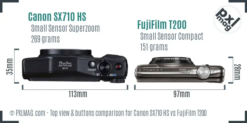 Canon SX710 HS vs FujiFilm T200 top view buttons comparison Canon SX710 HS vs FujiFilm T200 top view buttons comparison