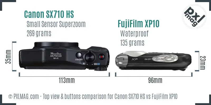 Canon SX710 HS vs FujiFilm XP10 top view buttons comparison Canon SX710 HS vs FujiFilm XP10 top view buttons comparison