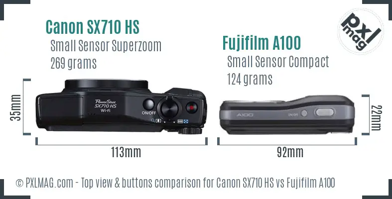 Canon SX710 HS vs Fujifilm A100 top view buttons comparison Canon SX710 HS vs Fujifilm A100 top view buttons comparison