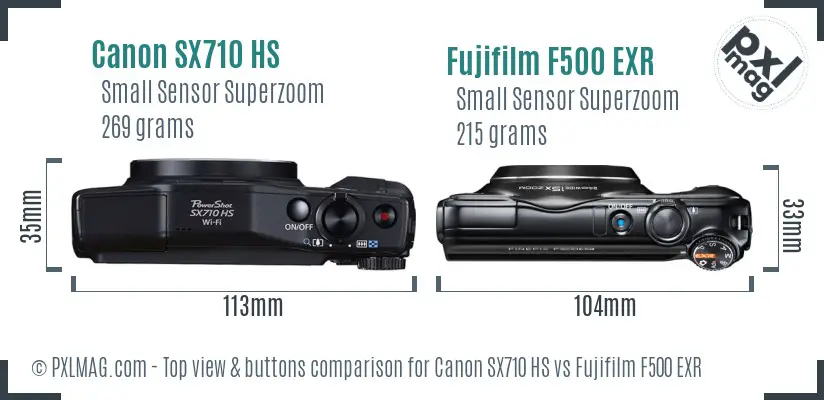 Canon SX710 HS vs Fujifilm F500 EXR top view buttons comparison