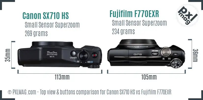 Canon SX710 HS vs Fujifilm F770EXR top view buttons comparison