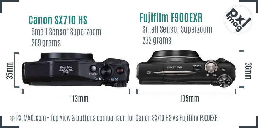 Canon SX710 HS vs Fujifilm F900EXR top view buttons comparison Canon SX710 HS vs Fujifilm F900EXR top view buttons comparison