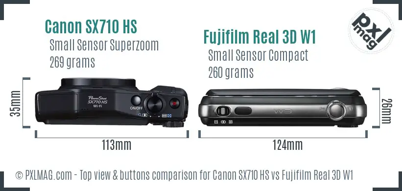 Canon SX710 HS vs Fujifilm Real 3D W1 top view buttons comparison