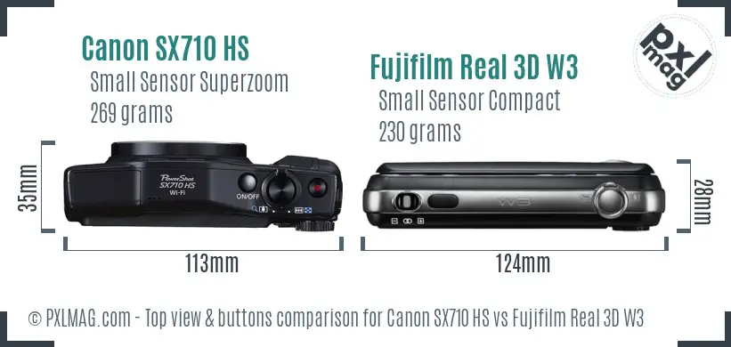 Canon SX710 HS vs Fujifilm Real 3D W3 top view buttons comparison