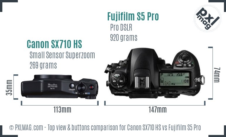 Canon SX710 HS vs Fujifilm S5 Pro top view buttons comparison