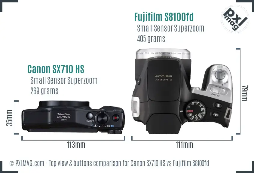 Canon SX710 HS vs Fujifilm S8100fd top view buttons comparison