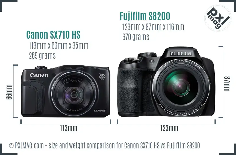 Canon SX710 HS vs Fujifilm S8200 size comparison