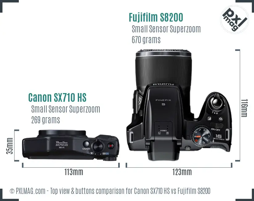 Canon SX710 HS vs Fujifilm S8200 top view buttons comparison