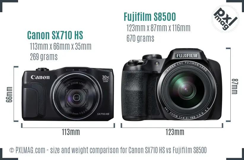 Canon SX710 HS vs Fujifilm S8500 size comparison