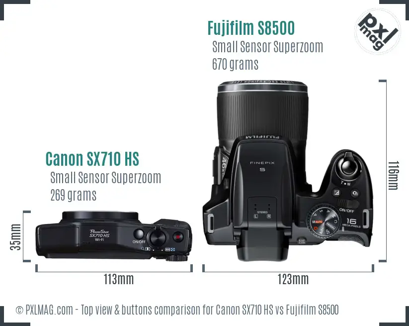 Canon SX710 HS vs Fujifilm S8500 top view buttons comparison