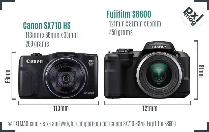 Canon SX710 HS vs Fujifilm S8600 size comparison