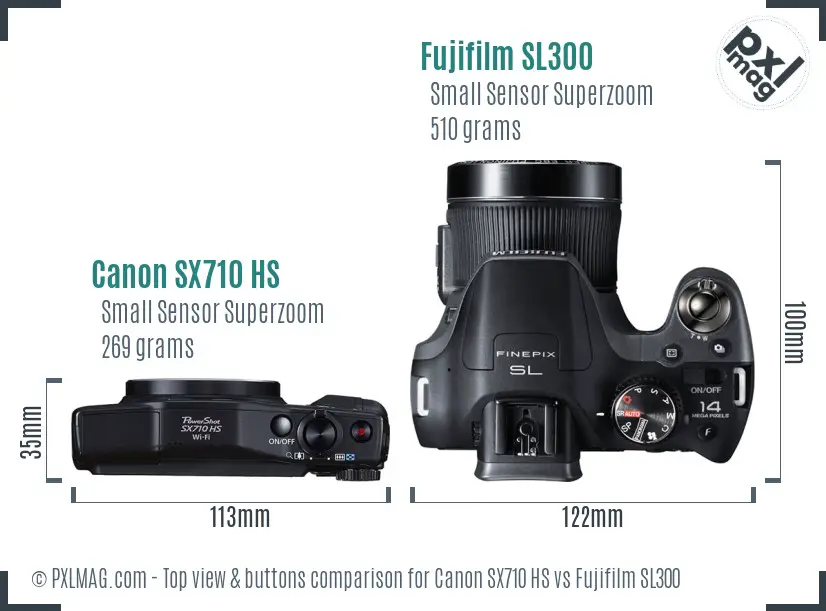 Canon SX710 HS vs Fujifilm SL300 top view buttons comparison