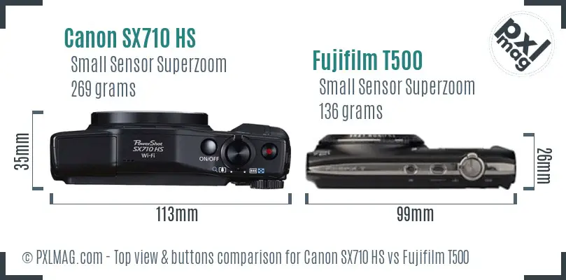 Canon SX710 HS vs Fujifilm T500 top view buttons comparison Canon SX710 HS vs Fujifilm T500 top view buttons comparison