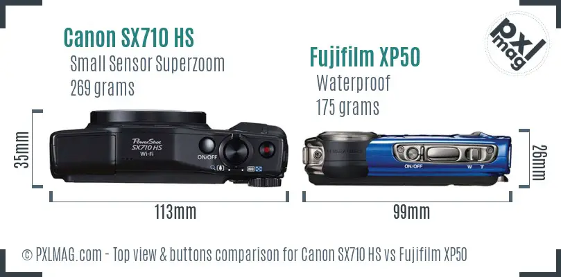 Canon SX710 HS vs Fujifilm XP50 top view buttons comparison Canon SX710 HS vs Fujifilm XP50 top view buttons comparison