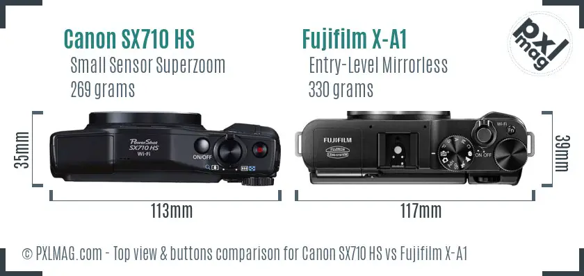 Canon SX710 HS vs Fujifilm X-A1 top view buttons comparison