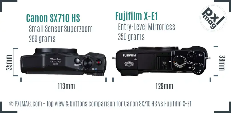 Canon SX710 HS vs Fujifilm X-E1 top view buttons comparison