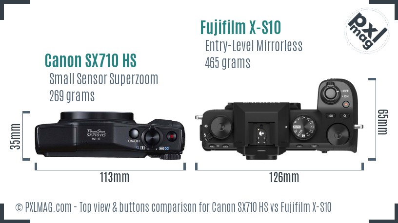 Canon SX710 HS vs Fujifilm X-S10 top view buttons comparison