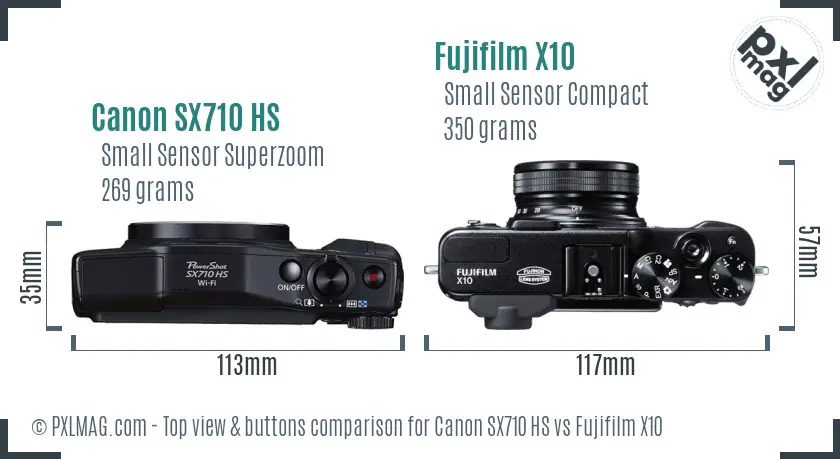 Canon SX710 HS vs Fujifilm X10 top view buttons comparison